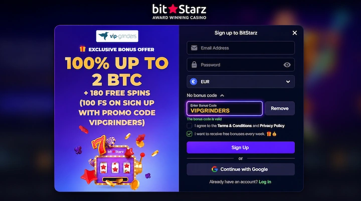 BitStarz promo code VIPGRINDERS registration form with exclusive bonus offer BitStarz exclusive VIP-Grinders registration page showing 100% up to 2 BTC + 180 Free Spins + 100 FS on sign up with promo code VIPGRINDERS entered in the Bonus Code field with green The bonus code is valid confirmation