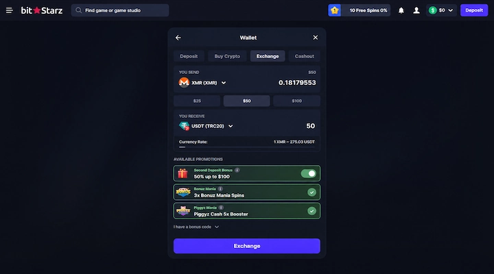 BitStarz XMR exchange cashier BitStarz wallet exchange screen showing 0.18 XMR converting to 50 USDT on TRC20 at a rate of 1 XMR to 275.03 USDT with available promotions from a logged-in session