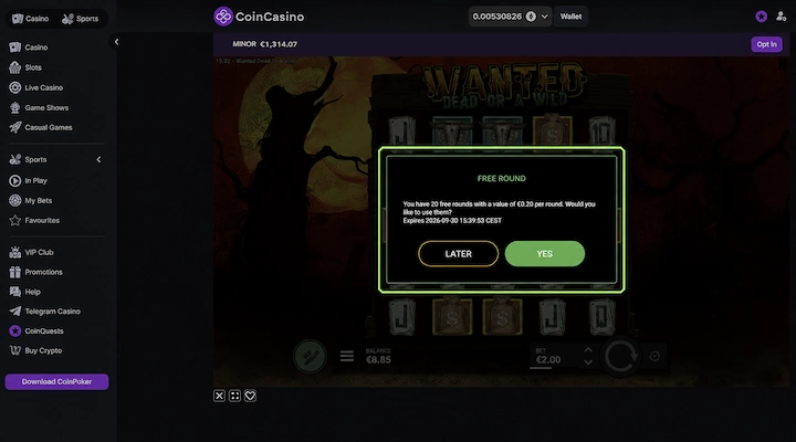 CoinCasino Free Round prompt showing 20 free rounds with a value of 0.20 per round, an expiry date of 30 July 2026, with Later and Yes buttons on the Wanted Dead or a Wild slot
