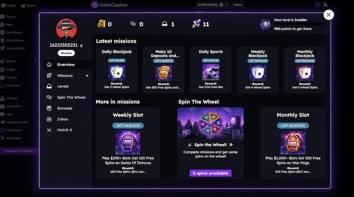 CoinCasino account overview showing Rookie level with 900 points to reach Insider, latest missions including Daily Blackjack, Daily Sports, Weekly and Monthly Blackjack, plus the Spin the Wheel panel