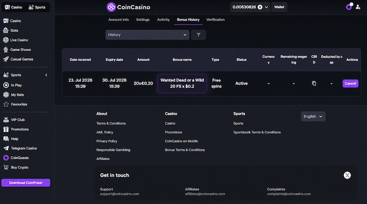 CoinCasino Bonus History table showing 20 free spins on Wanted Dead or a Wild, amount 20 x 0.20, received 23 July 2026, expiry 30 July 2026, status Active