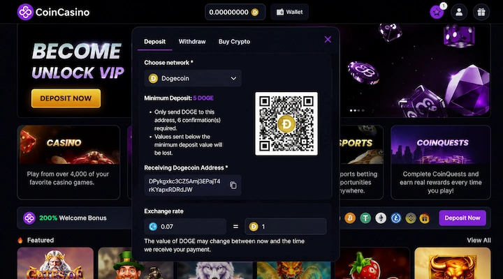 CoinCasino deposit screen showing Dogecoin selected as the network with a 5 DOGE minimum deposit, 6 confirmations required, a receiving DOGE address starting with D, a live exchange rate preview showing 0.07 EUR to 1 DOGE, and a QR code from a logged-in session