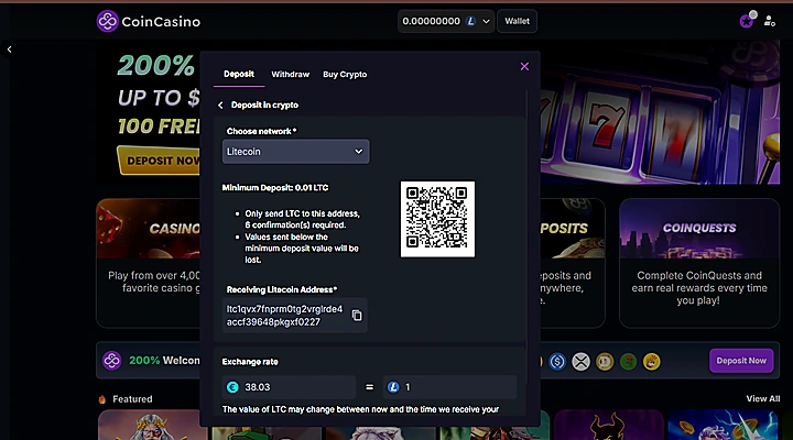 CoinCasino LTC deposit cashier showing the Litecoin network selected with 0.01 LTC minimum deposit, 6 confirmations required, receiving address, and QR code from a logged-in session