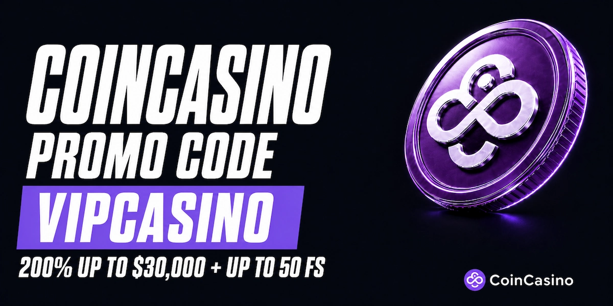 CoinCasino promo code VIPCASINO banner showing 200% bonus up to $30,000 plus up to 50 free spins
