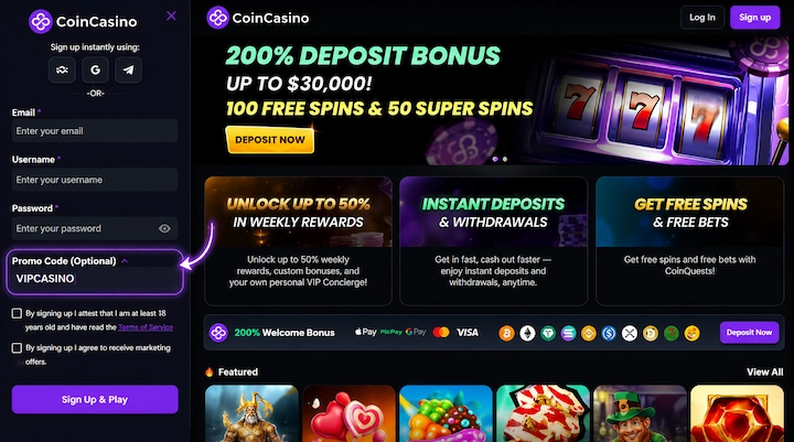 CoinCasino registration form showing Email, Username and Password fields with the Promo Code Optional section expanded and VIPCASINO entered