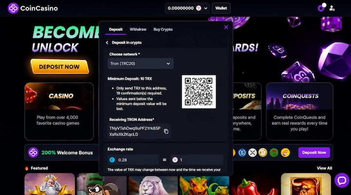 CoinCasino TRX deposit cashier CoinCasino deposit screen showing Tron (TRC20) selected as the network with a 10 TRX minimum deposit, 19 confirmations required, a receiving TRON address, and an exchange rate preview from a logged-in session