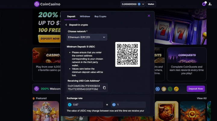 CoinCasino USDC deposit cashier showing 5 USDC minimum and ERC-20 network CoinCasino deposit screen showing USDC selected with Ethereum ERC-20 network, a 5 USDC minimum deposit notice, two cashier warnings about correct network matching and sub-minimum loss, a receiving USD Coin address with QR code, and a live exchange rate of 0.87 EUR to 1 USDC from a logged-in session