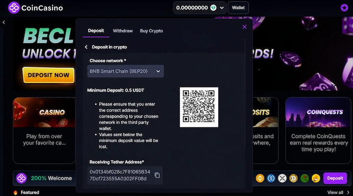 CoinCasino USDT deposit cashier (BEP-20) CoinCasino USDT deposit cashier from a logged-in session showing Tether on the BNB Smart Chain BEP-20 network with a 0.5 USDT minimum deposit, a 0x receiving address, QR code, and warnings to match the network and that values below the minimum are lost