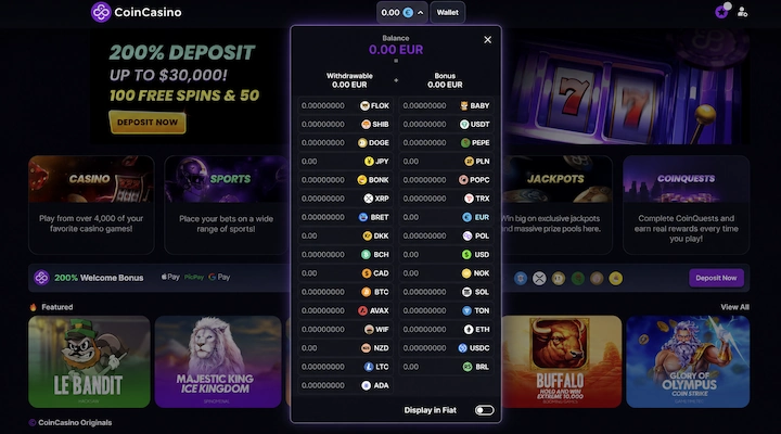 CoinCasino wallet panel showing Balance split into Withdrawable and Bonus totals above the list of supported currencies