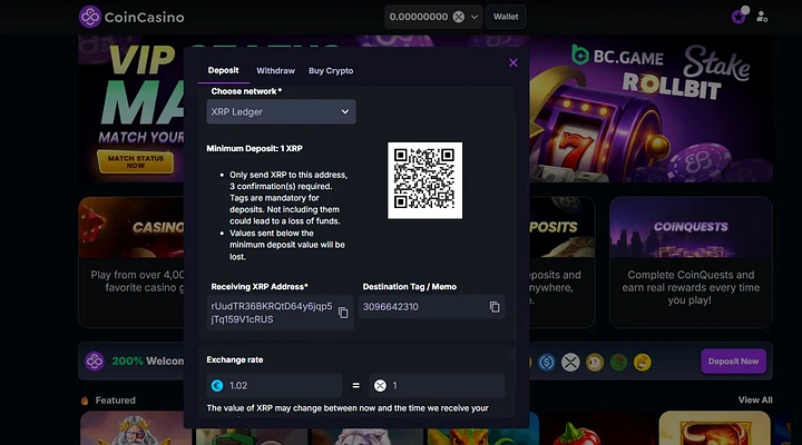 CoinCasino XRP deposit cashier via XRP Ledger with 3 confirmations CoinCasino deposit screen showing XRP Ledger selected as the network with a 1 XRP minimum deposit, 3 confirmations required, mandatory tags warning, a receiving XRP address, a destination tag pre-filled with 3096642310, and a live exchange rate preview showing 1.02 EUR to 1 XRP from a logged-in session