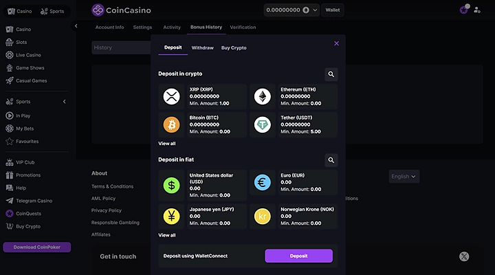 CoinCasino deposit window showing Deposit in crypto with XRP, Ethereum, Bitcoin and Tether including minimum amounts, plus Deposit in fiat with US dollar, Euro, Japanese yen and Norwegian Krone, and a WalletConnect option