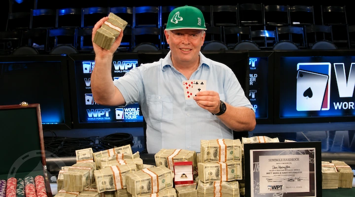 Dan Harrington, 1995 WSOP Main Event champion and author of Harrington on Hold'em, celebrating a WPT victory