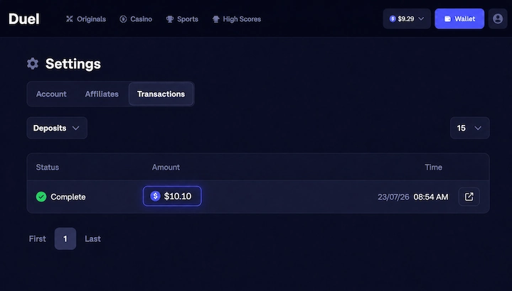 Duel.com deposit of $10.10 showing as complete Duel.com Settings page on the Transactions tab, alongside Account and Affiliates, showing a single deposit of $10.10 with status Complete and a 23/07/26 timestamp