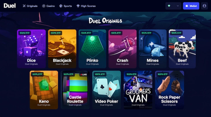 Duel Originals lobby showing eleven games at 100% RTP Duel Originals lobby showing Dice, Blackjack, Plinko, Crash, Mines, Beef, Keno, Castle Roulette, Video Poker, Groomer's Van and Rock Paper Scissors, each with a 100% RTP badge