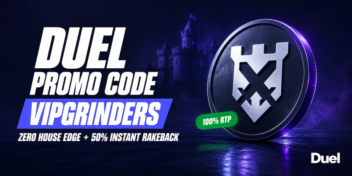 Duel Promo Code VIPGRINDERS Duel promo code VIPGRINDERS on an indigo ribbon beside a 3D coin carrying the Duel shield mark and a green 100% RTP badge, with zero house edge and 50% instant rakeback