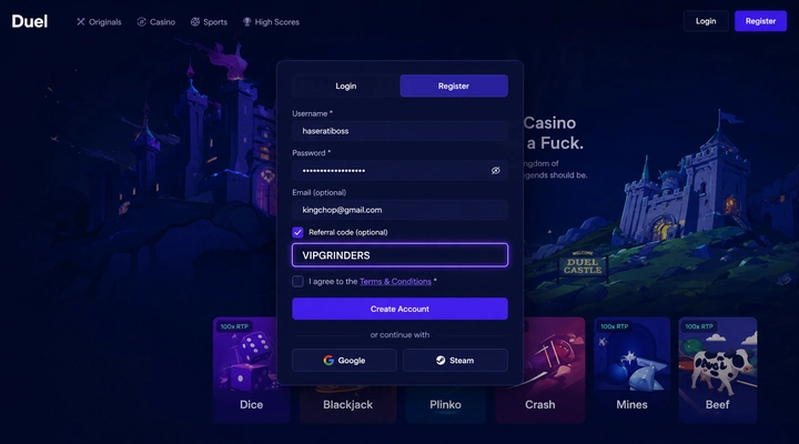 Duel.com registration form with referral code VIPGRINDERS Duel.com Register form showing the Username field completed, Email marked optional, the Referral code checkbox ticked with VIPGRINDERS entered in the highlighted field, and the Create Account button above Google and Steam signup options