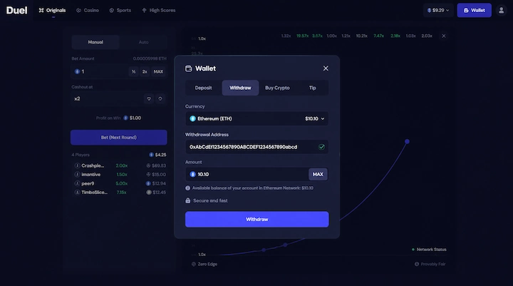 Duel.com withdrawal screen quoting a $0.01 transaction fee Duel.com Wallet on the Withdraw tab with Ethereum selected, a withdrawal address entered, a note that the withdrawal processes on the Ethereum ERC-20 network, and a transaction fee of $0.01