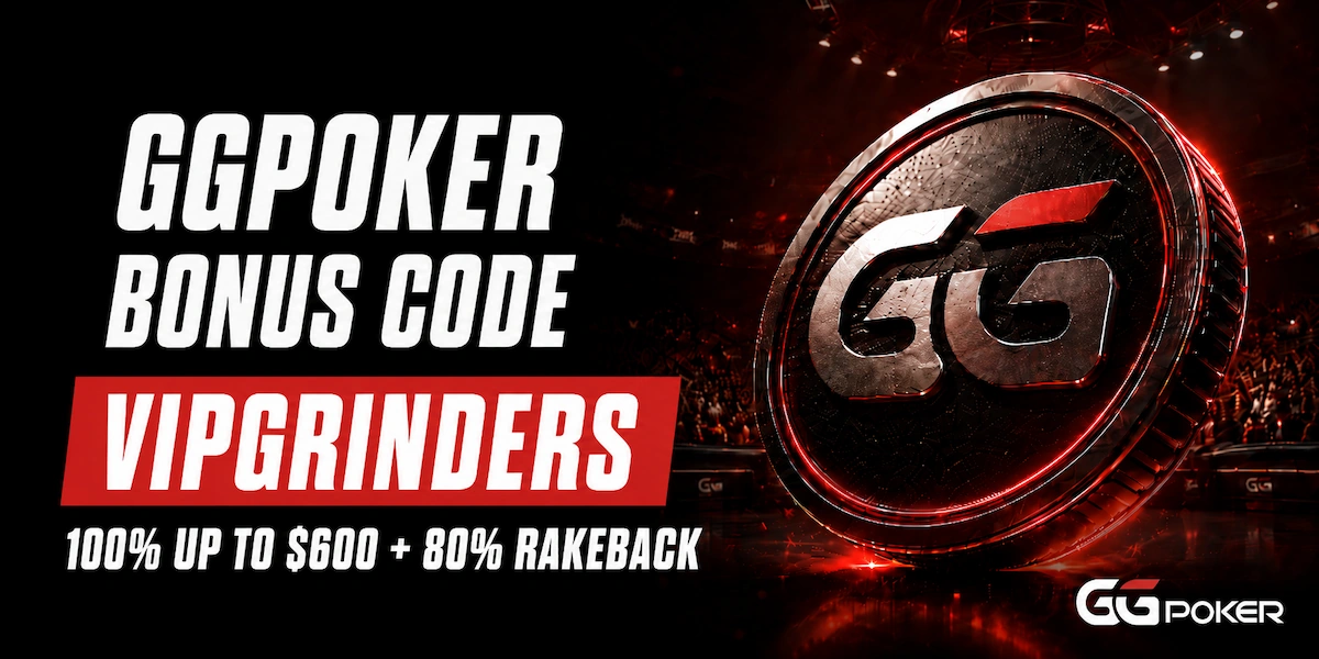 GGPoker Bonus Code VIPGRINDERS with 100% up to $600 welcome bonus and 80% rakeback GGPoker Bonus Code VIPGRINDERS promotional banner showing a 100% up to $600 welcome bonus with 80% rakeback and a 3D GGPoker coin medallion