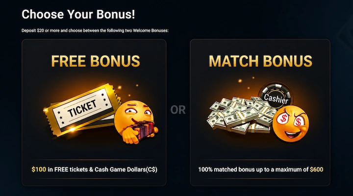 GGPoker Choose Your Bonus screen showing Free Bonus ($100 in tickets and C$) or Match Bonus (100% up to $600) GGPoker Choose Your Bonus screen with two options: Free Bonus offering $100 in FREE tickets and Cash Game Dollars or Match Bonus offering 100% matched bonus up to $600