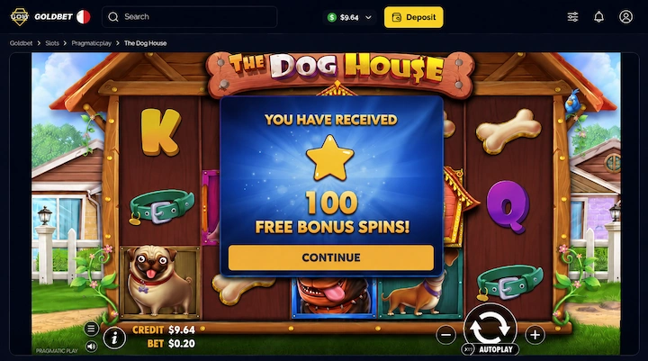 Automat The Dog House od Pragmatic Play v Goldbet se zprávou o 100 free spinech, zůstatkem $9.64 a sázkou $0.20