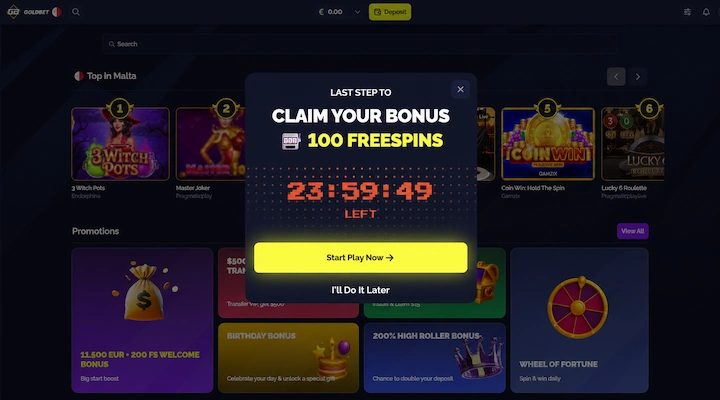 Goldbet 100 free spins no deposit bonus claim popup Goldbet lobby showing LAST STEP TO CLAIM YOUR BONUS 100 FREESPINS popup with 23:59:49 countdown timer, Start Play Now button, game lobby with slots in background, and 11,500 EUR + 200 FS Welcome Bonus promotion card visible
