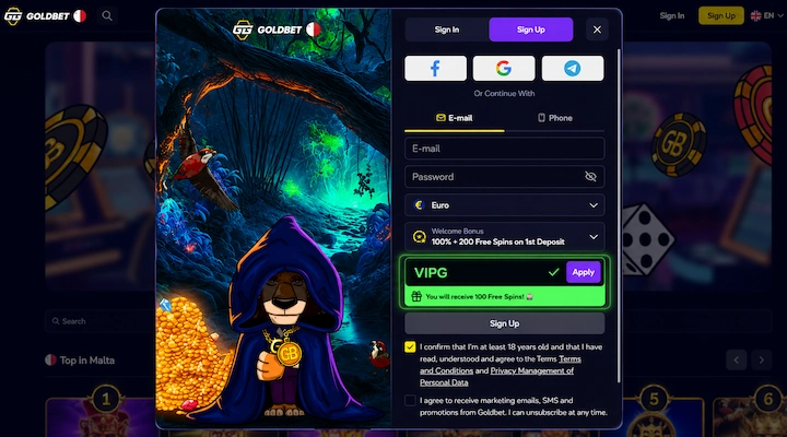 Goldbet registration with promo code VIPG Goldbet registration form showing promo code VIPG entered with green checkmark, Apply button, and You will receive 100 Free Spins confirmation message, with email, password, Euro currency, and Welcome Bonus 100% + 200 Free Spins on 1st Deposit visible