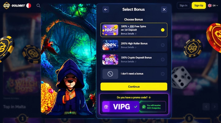 Goldbet Select Bonus screen with promo code VIPG at first deposit Goldbet Select Bonus screen showing Choose Bonus with 100% + 200 Free Spins on 1st Deposit selected, 200% High Roller Bonus, 150% Crypto Deposit Bonus, I don't need a bonus option, Continue button, and promo code VIPG entered with green checkmark at the bottom