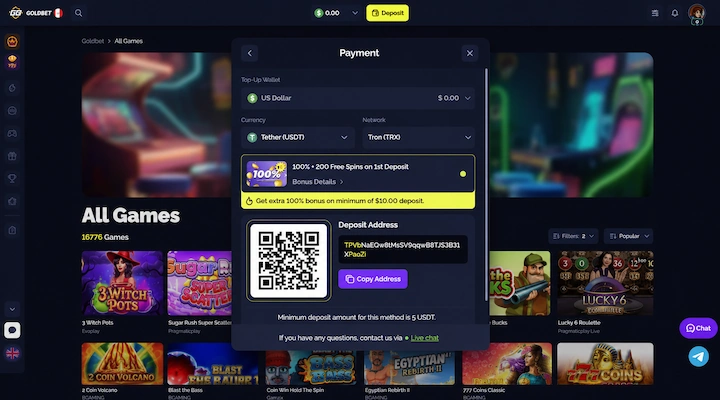 Platební obrazovka Goldbet s vybraným Tether USDT v síti Tron, aktivním bonusem 100% + 200 free spinů, QR kódem a minimálním vkladem 5 USDT