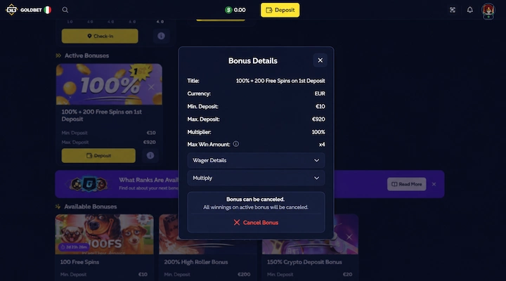Okno detailů bonusu Goldbet: 100% + 200 free spinů za 1. vklad, min. vklad $10, násobek 100% a limit maximální výhry x4