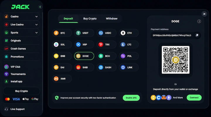 Jack.com deposit screen showing DOGE selected from 17 supported cryptocurrencies including BTC, USDT, USDC, ETH, SOL, XRP, and LTC with a payment address starting with D, a QR code, and an Enable 2FA prompt from a logged-in session