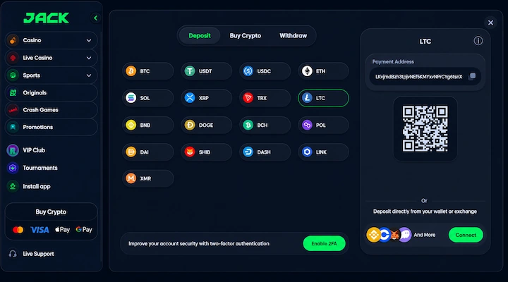 Jack.com LTC deposit cashier showing Litecoin selected from 17 supported cryptocurrencies with payment address and QR code from a logged-in session
