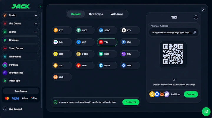 Jack.com TRX deposit cashier Jack.com deposit screen showing TRX selected from 17 supported cryptocurrencies with a TRON payment address, QR code, and an Enable 2FA prompt from a logged-in session