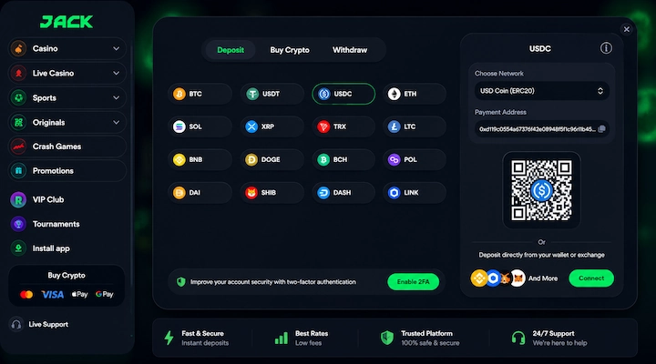 Jack.com USDC deposit cashier showing ERC20 network and 16 supported cryptocurrencies Jack.com deposit screen showing USDC selected from a grid of 16 cryptocurrencies including BTC USDT ETH SOL and XRP, with USD Coin ERC20 network chosen, a payment address, a QR code, and a Connect button for direct wallet deposits from a logged-in session