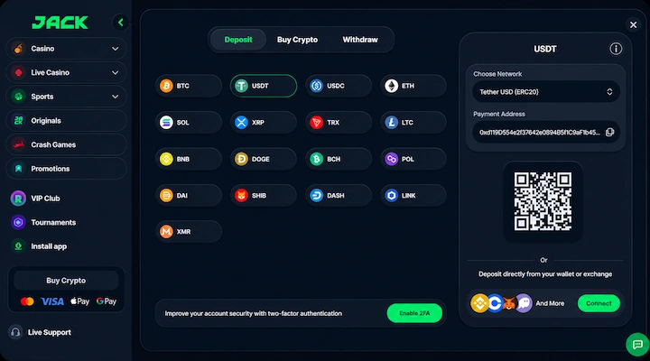 Jack.com USDT deposit cashier (ERC-20) Jack.com USDT deposit cashier from a logged-in session showing Tether selected from 17 supported cryptocurrencies, the network set to Tether USD ERC-20 with a 0x payment address and QR code, a wallet connect option, and an Enable 2FA prompt inside the cashier