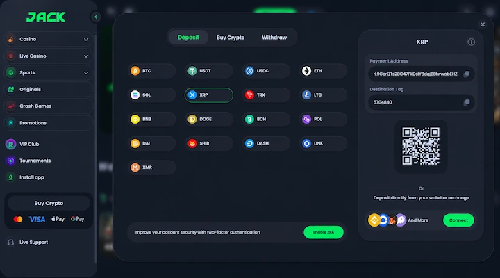 Jack.com XRP deposit screen with 17 cryptocurrencies and destination tag Jack.com deposit screen showing XRP selected from 17 supported cryptocurrencies including BTC, USDT, USDC, ETH, SOL, TRX, and LTC with a payment address, a pre-filled destination tag of 5704840, a QR code, and an Enable 2FA prompt from a logged-in session