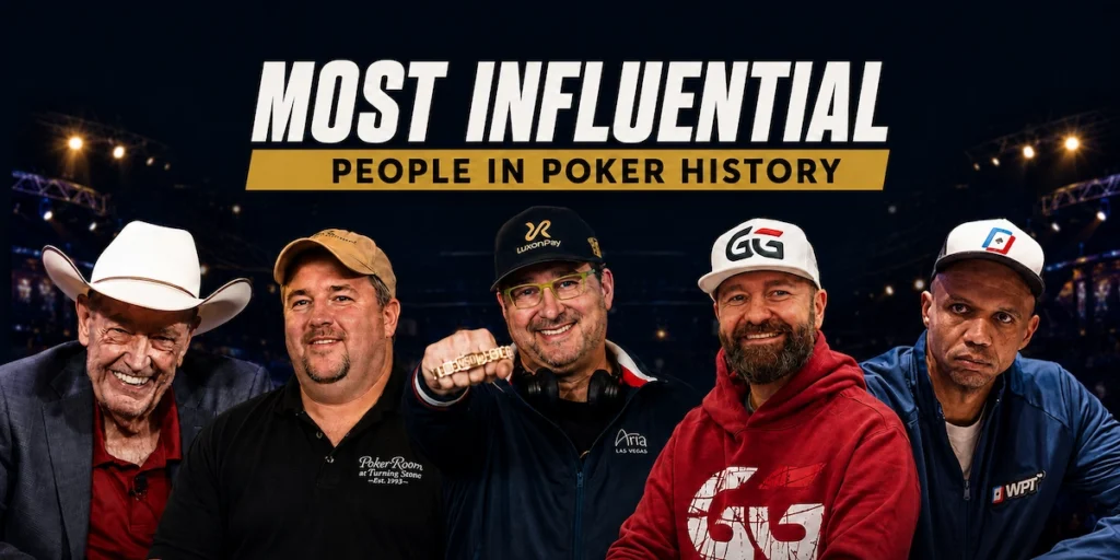 The most influential people in poker history ranked list featuring Doyle Brunson, Chris Moneymaker, Phil Hellmuth, Daniel Negreanu, and Phil Ivey