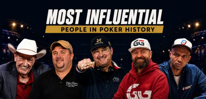 The most influential people in poker history ranked list featuring Doyle Brunson, Chris Moneymaker, Phil Hellmuth, Daniel Negreanu, and Phil Ivey