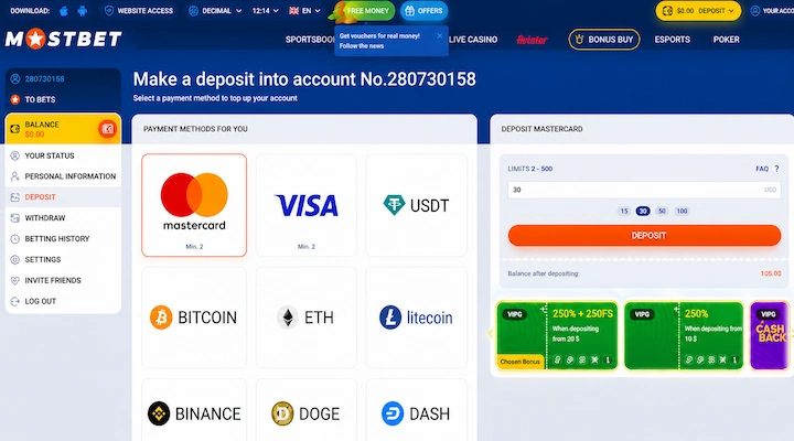 Mostbet deposit screen showing the 250% plus 250 free spins offer selected as the chosen bonus with card and crypto payment methods