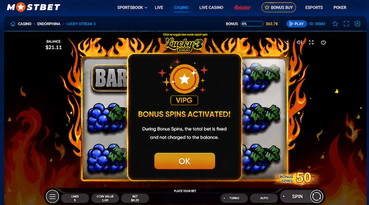 Lucky Streak 3 slot showing Bonus Spins Activated with 50 bonus spins credited from the first deposit reward