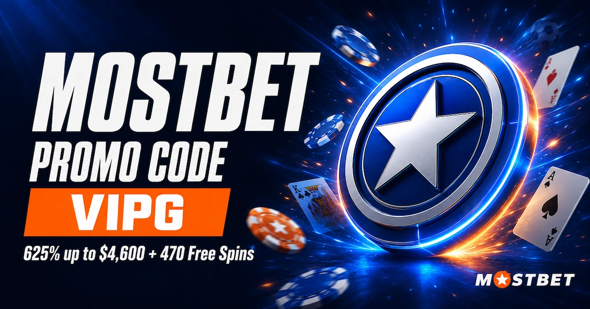 Mostbet promo code VIPG banner showing 625% up to $4,600 plus 470 free spins with the Mostbet star coin, casino chips, and cards