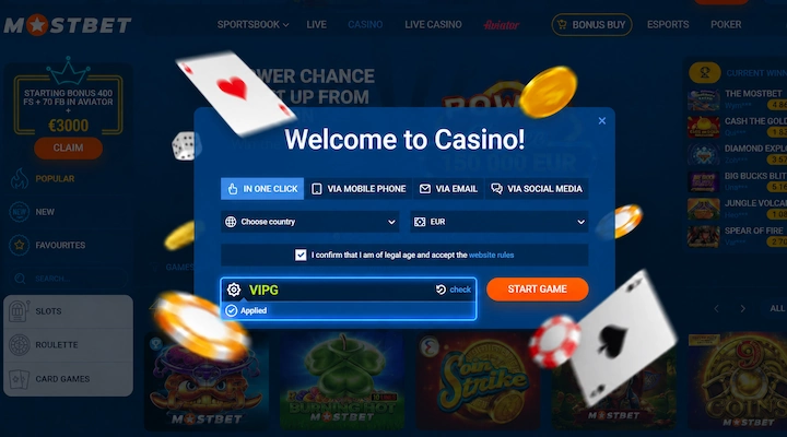 Mostbet Welcome to Casino registration window with promo code VIPG entered and Applied confirmation shown