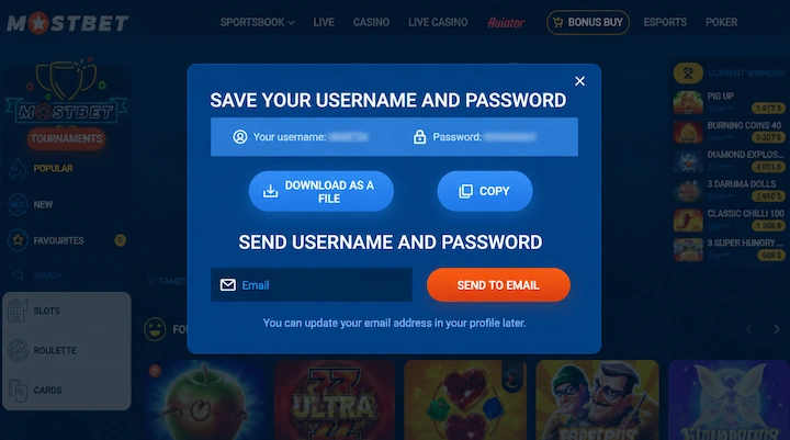 Mostbet Save your username and password screen with auto generated login details and download, copy, and email options