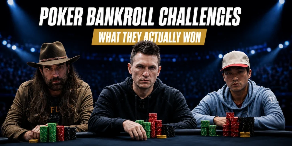 Chris Ferguson, Doug Polk and Ethan Rampage Yau at a poker table, featured image for an article on poker bankroll challenge results