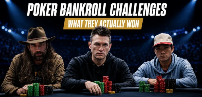 Chris Ferguson, Doug Polk and Ethan Rampage Yau at a poker table, featured image for an article on poker bankroll challenge results