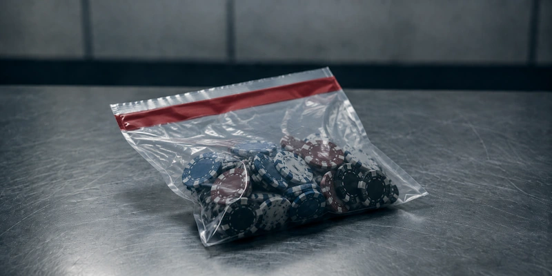 Poker Debt Criminal Cases Poker chips sealed inside a clear evidence bag on a steel table, representing the rare poker debt cases that reach a criminal court