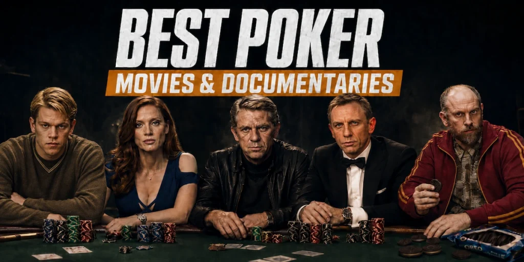 Best poker movies and documentaries of all time ranked list featuring Rounders, Molly's Game, The Cincinnati Kid, Casino Royale, and Teddy KGB