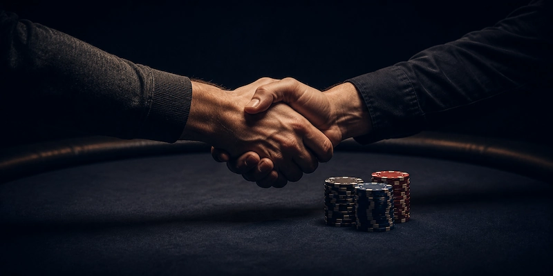 Poker Staking Handshake Two poker players shaking hands over a bare table with a stack of chips beside them, and no written agreement of any kind