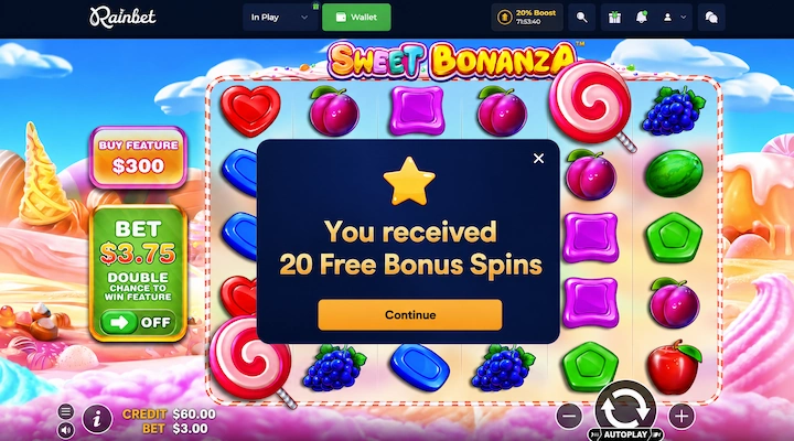 Rainbet 20 Free Bonus Spins popup on Sweet Bonanza after first deposit Rainbet popup showing You received 20 Free Bonus Spins on Sweet Bonanza by Pragmatic Play with $60.00 credit balance, 20% Boost timer at 71:53:40, and Rakeboost tooltip confirming activation from redeeming affiliate code VIPGRINDERS