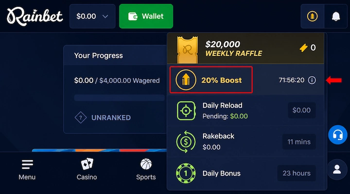 Rainbet mobile dashboard showing 20% Boost timer and reward claim cycles Rainbet mobile dashboard showing 20% Boost at 71:56:20, $20,000 Weekly Raffle, Your Progress at $0.00 of $4,000.00 Wagered with Unranked status, Daily Reload pending, Rakeback claimable in 11 mins, and Daily Bonus in 23 hours