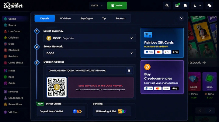 Rainbet deposit screen showing DOGE Dogecoin selected as the currency with the DOGE network, a deposit address starting with D, a QR code, a $5.00 minimum deposit, and 14 confirmations required from a logged-in session
